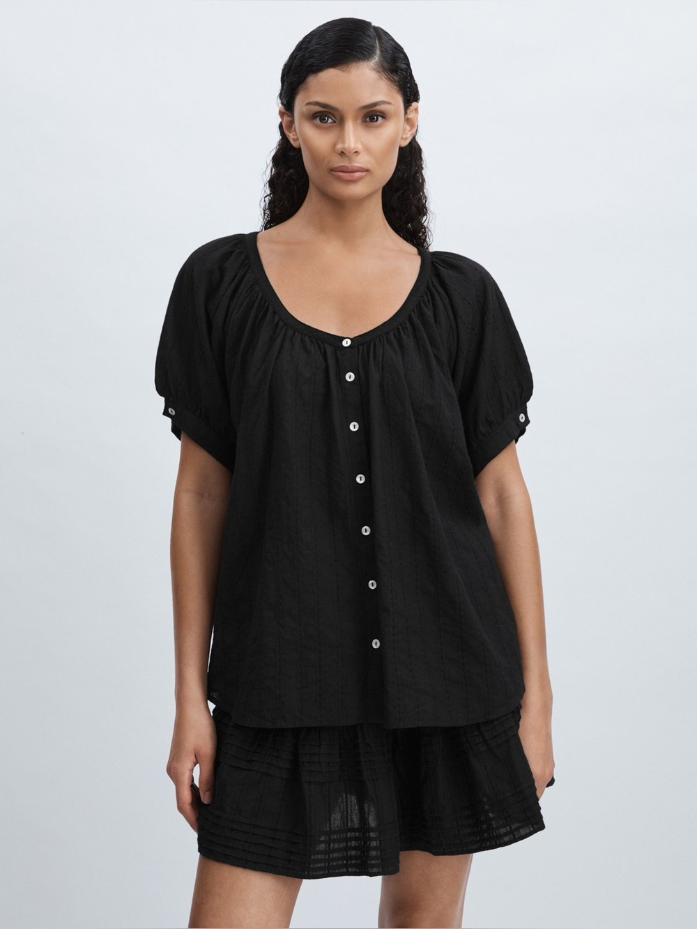 Reiss Mille Puff Sleeve Cotton Button Front Top Small
